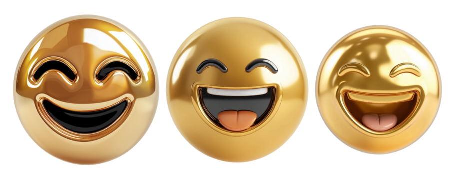 Three golden emojis with joyful expressions isolated on transparency background