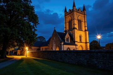 Fototapeta premium Nighttime shadow of the Tower of St Edmundsbury Cathedral on a nearby wall, evening sky, church