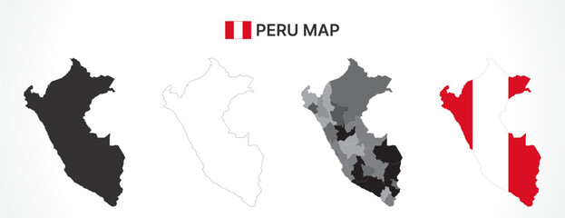 Fototapeta premium Detailed Peru Map Collection with Outline, Silhouette, Regions, and Flag Overlay Variations