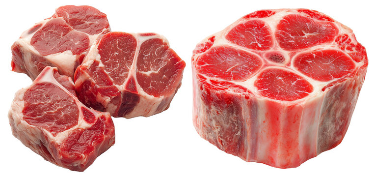 Slices of raw beef and oxtail on transparency background, showcasing marbling