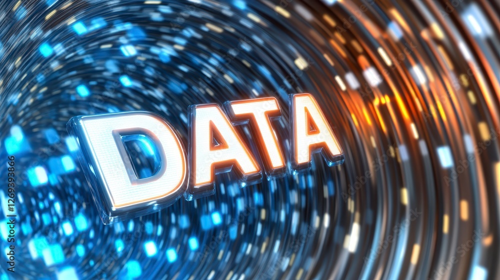 Poster abstract 3d rendering of the word data with swirling blue and orange lights. the word is bright whit