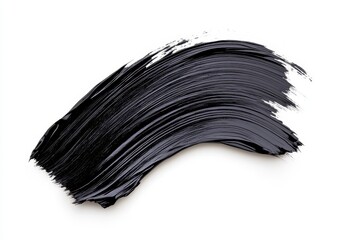 Abstract black paint stroke on white background. Thick, textured brushstroke with visible brush marks. Dark, rich black color.  Simple, minimalist