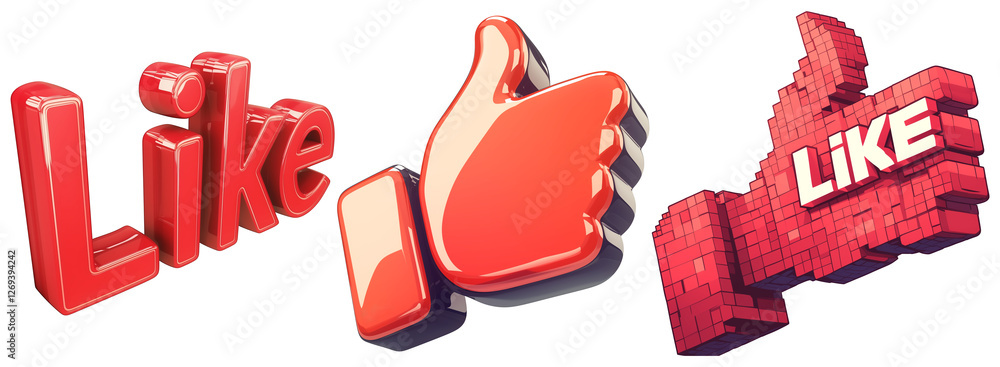 Poster red glossy like icons in various styles, including text and thumbs up