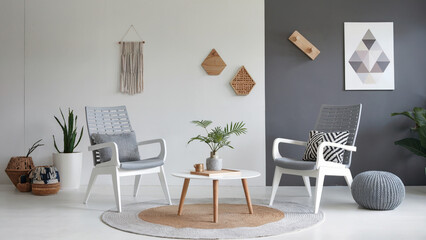 Modern Scandinavian Home Interior with Elegant Furniture - Cozy White & Gray Palette and Decorative Accents