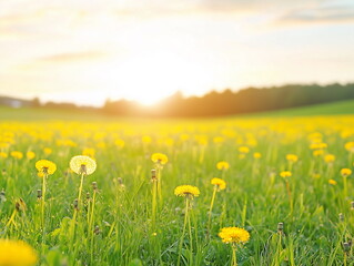Fototapeta premium A dreamy meadow filled with blooming wildflowers in soft pastel shades of pink, white, and purple, bathed in the golden glow of the sun. Beautiful nature background.