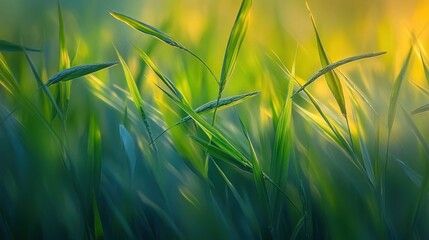 rice field at sunrise, the vibrant green stalks swaying gently in the morning breeze