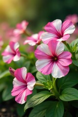 Petunia flowers in a garden with a pink and white theme, floral, blooming