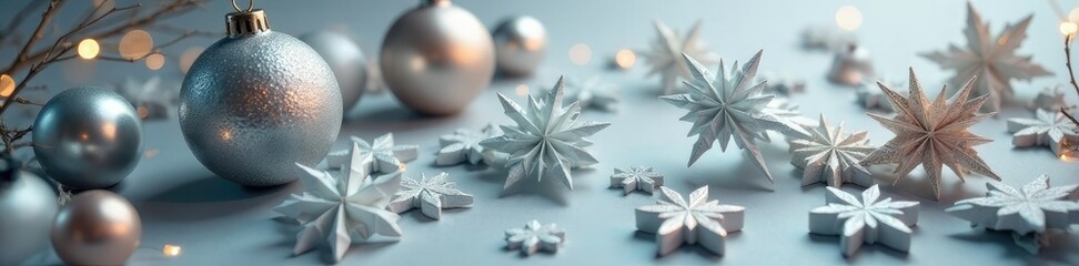 Silver ornament with origami paper snowflakes inside, decorations, festive, snowflakes