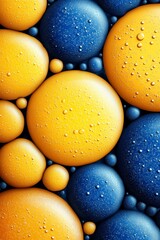 Obraz premium Abstract image showcasing gold and blue spheres with water droplets, creating a luxurious and textured background. The close up shot highlights the