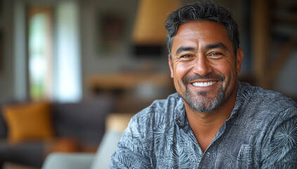 Fototapeta premium Man in tropical shirt at home. A cheerful man with dark hair and a warm smile sits comfortably in a cozy home environment surrounded by soft decor.