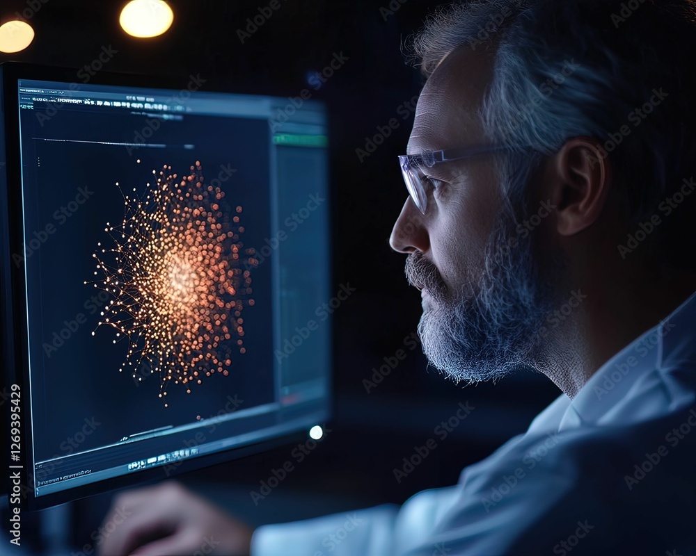 Aufkleber a focused scientist analyzes vibrant data on a computer screen, surrounded by a dark environment, sh
