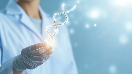 A scientist holds a glowing DNA strand, symbolizing genetic research and innovation in biotechnology.