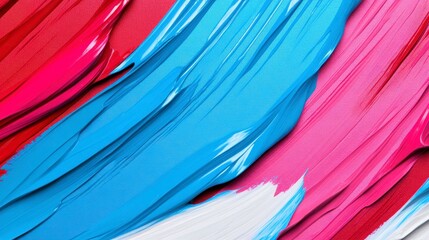 Abstract image featuring vibrant streaks of pink, red, and blue paint. The paint texture is thick and glossy, creating a dynamic visual. Close up