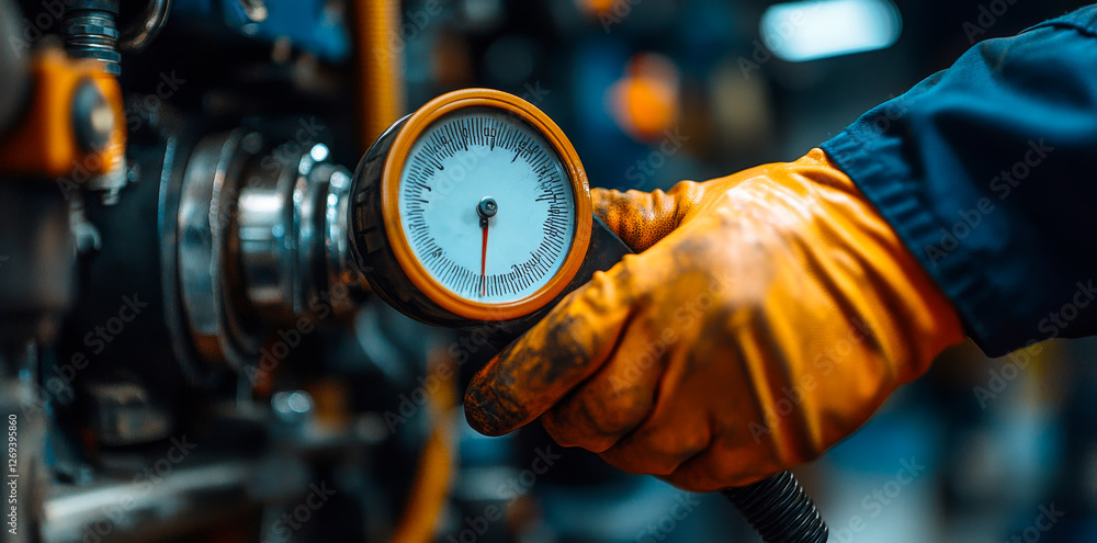 Poster using gauges in industry. a worker checks a pressure gauge with orange gloves in a busy industrial e