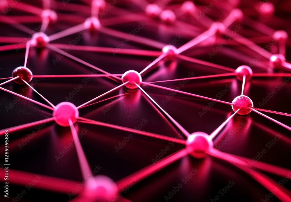 Poster abstract network visualization with interconnected glowing pink spheres and thin lines on a dark ref