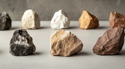 A collection of colorful stones arranged in a row, showcasing various textures and hues against a neutral background.