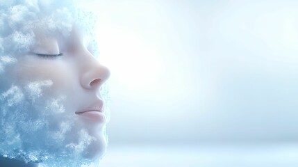 A serene face covered with soft clouds, evoking a sense of tranquility and ethereal beauty in a dreamlike atmosphere.