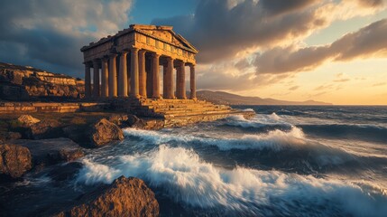Coastal Temple Sunset, Dramatic Waves