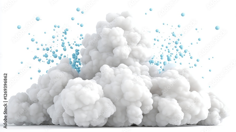 Poster abstract 3d rendering of a white smoke or cloud explosion with small light blue particles dispersed 