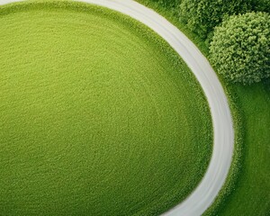 A scenic overhead view of a winding road surrounded by vibrant green grass and trees, showcasing the beauty of nature and peaceful landscapes.