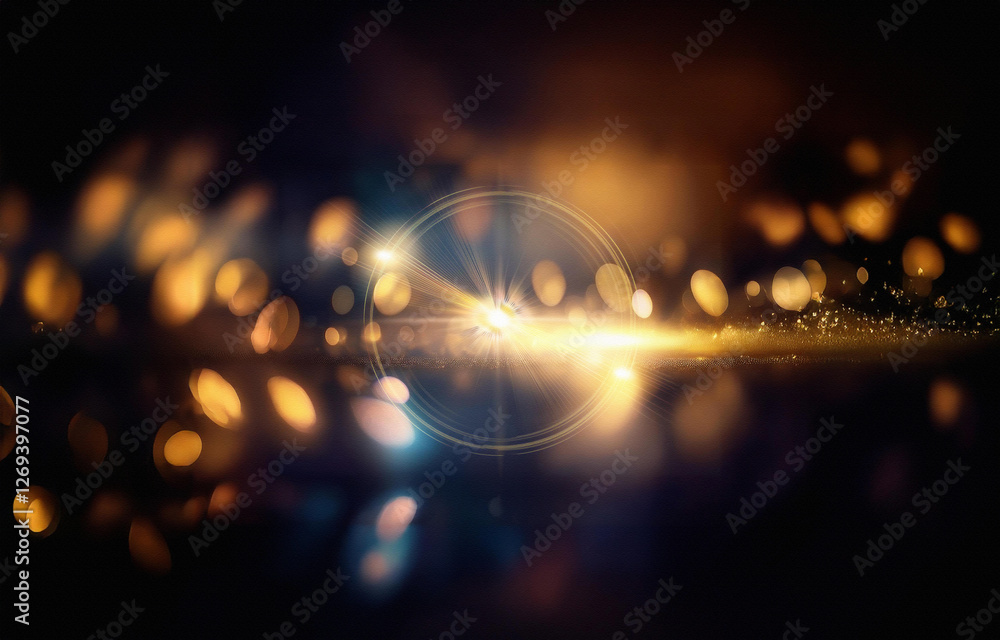 Poster a bright golden light source within a circle of golden lines, set against a black background.