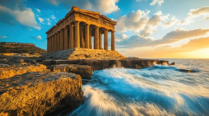 Sunset Temple Sea Coast Sicily Architecture