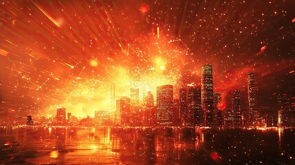 Fototapeta premium City skyline illuminated by brilliant orange explosions during a dramatic evening event near the waterfront