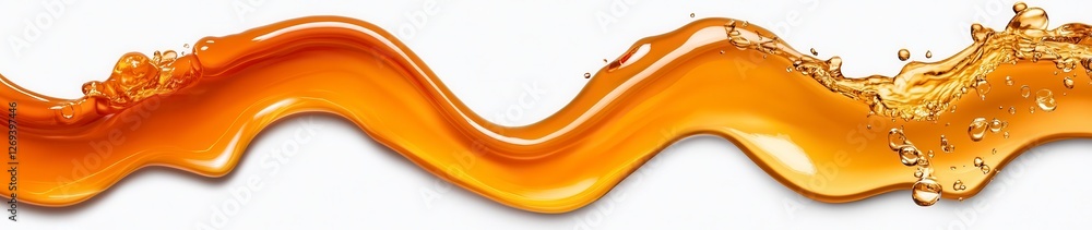 Poster amber liquid flowing dynamically, creating a wavy, abstract pattern against a white background. the 