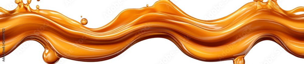 Poster amber liquid flowing in a wavy motion against a white background. the texture is glossy, with highli