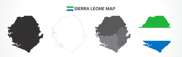Detailed Sierra Leone Map Collection with Outline, Silhouette, Provinces, and Flag Overlay Variations