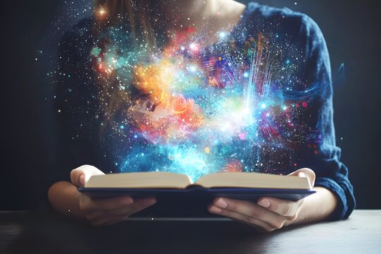 A Universe Unfolds:  A woman's hands cradle an open book, from which explodes a vibrant galaxy of colors and light, symbolizing the limitless potential of knowledge and imagination.  
