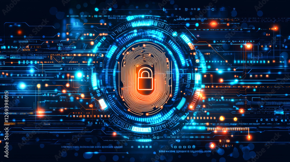 Poster fingerprint lock tech. bright digital design showcases a fingerprint lock among glowing data pattern