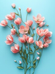Flat lay creative illustration concept of fresh field Spring flowers on pastel blue background. Beautiful pink bloomed flowers. Generative AI.