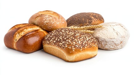 Assortment of freshly baked bread rolls and loaves, various grains and seeds, displayed on white background. Golden brown crusts, rustic textures