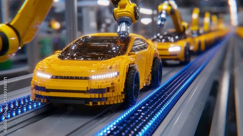 Poster a yellow vehicle model moves along an automated assembly line. robotic arms perform tasks on the con