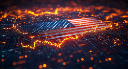 USA flag on data chart. An American flag blended with data chart lines symbolizes economic trends and analytics.