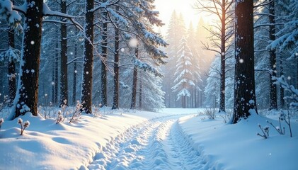 Fototapeta premium Snow drifts gently fall on a serene winter landscape, cold weather, wintery woods
