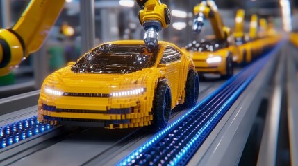 Fototapeta premium A yellow vehicle model moves along an automated assembly line. Robotic arms perform tasks on the conveyor belt, which is illuminated by blue lights