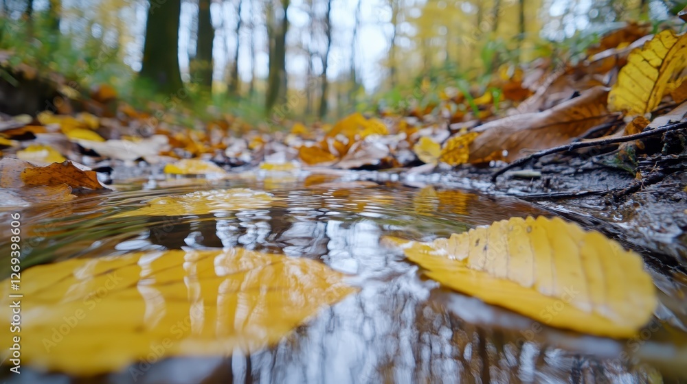 Poster close up view of yellow autumn leaves floating on a shallow stream in a forest. the water is calm, r
