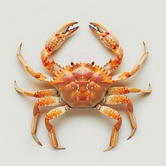 A vibrant crab with prominent pincers and a textured shell, positioned against a light background, showcasing its intricate details and natural colors.