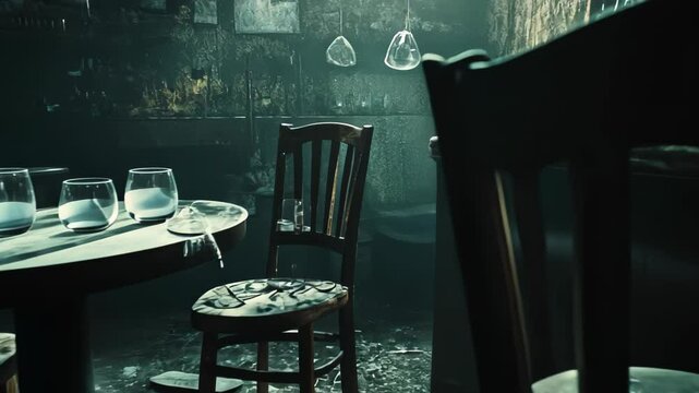 An abandoned bar scene with scattered chairs and empty glasses, evoking a sense of desolation.