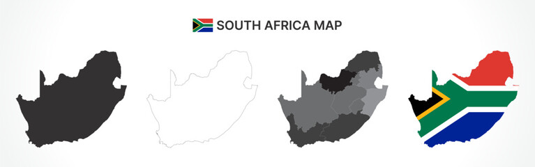 Obraz premium Detailed South Africa Map Collection with Outline, Silhouette, Provinces, and Flag Overlay Variations