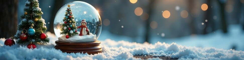 Obraz premium Snow globe rests beside a snow-covered tree on a table, winter, holiday
