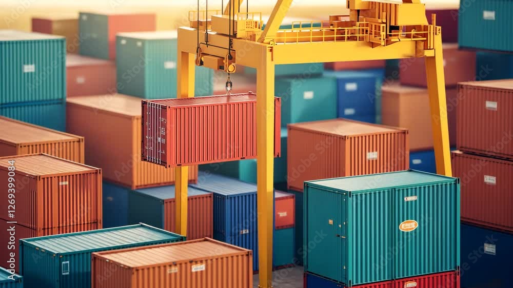 Poster loading a red shipping container at a busy cargo terminal in the heart of the city