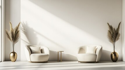 Modern minimalist living room with armchairs, pampas grass, and sunlight
