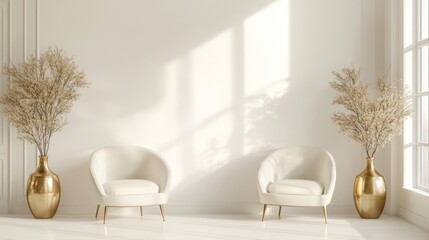 Elegant white chairs, gold vases, sunlight, minimalist room, interior design