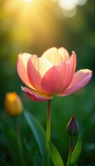 Naklejka premium Sunlight filters through flower petals softly, serene, greenery, peaceful