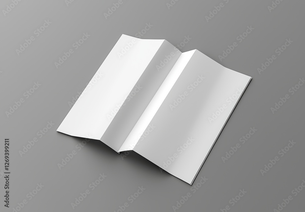 Poster the image is a blank white 3d render illustration of a single open gate fold brochure, a three panel