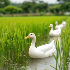 Obraz premium A serene scene of white ducks swimming through lush green rice paddies under a bright sky.