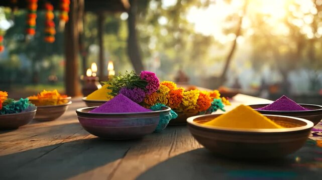 An outdoor Holi celebration scene with bowls of bright gulal colors on a rustic wooden table, with vibrant flower garlands and oil lamps flickering under soft sunlight